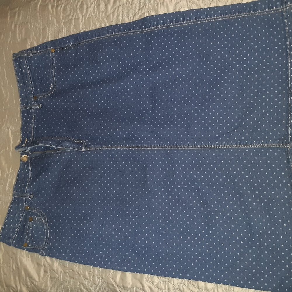 Knee length polka dot jean skirt